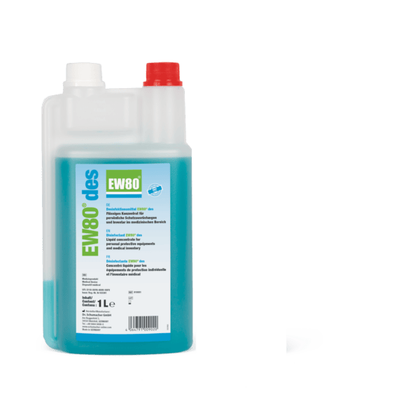 Foto von der 1-Liter-Flasche des EW80 des Desinfektionsmittels für persönliche Schutzausrüstungen und Inventar im medizinischem Bereich